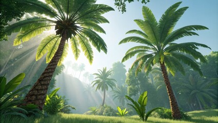 Poster - Bright and Vibrant Jungles Filled With Palm Trees and Lush Greenery. Generative AI