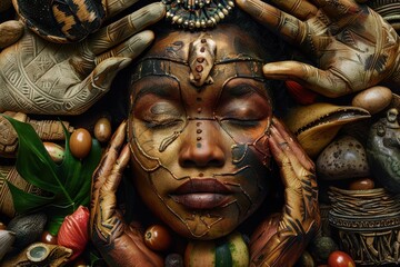 Poster - Vibrant mural featuring diverse faces and intricate designs in an urban setting, showcasing creativity and cultural expression