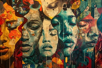Poster - Vibrant mural featuring diverse faces and intricate designs in an urban setting, showcasing creativity and cultural expression