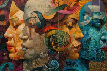 Poster - Vibrant mural featuring diverse faces and intricate designs in an urban setting, showcasing creativity and cultural expression