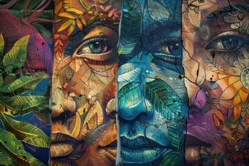 Aufkleber - Vibrant mural featuring diverse faces and intricate designs in an urban setting, showcasing creativity and cultural expression