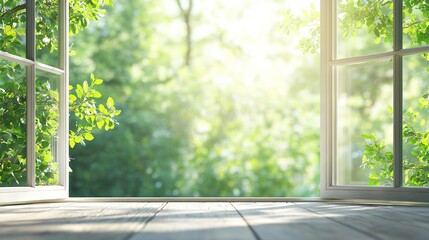 Wall Mural -   Open wooden floor window reveals green forest view, sunlight filters through window panes