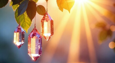 Wall Mural - Ethereal crystals glimmering in sunlight, inviting peace and tranquility into the natural world during a serene morning ritual