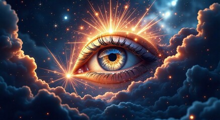 Wall Mural - Ethereal eye emerging from celestial clouds illuminating the path to self-discovery and inner peace through metaphysical exploration