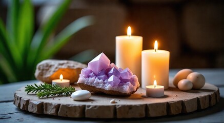 Wall Mural - Crystals and candles create a serene atmosphere for mindfulness rituals and energy healing practices in a tranquil setting