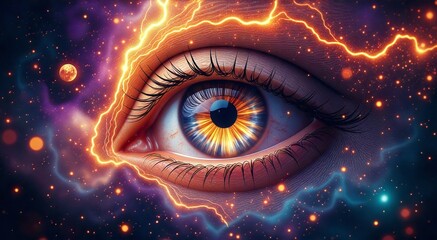 Wall Mural - Exploring the depths of consciousness through a cosmic eye in a mystical universe infused with vibrant energy and spiritual insight