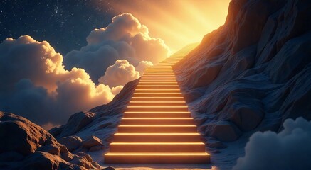 Wall Mural - Ethereal ascent towards the light on a mystical stairway amidst clouds at dawn