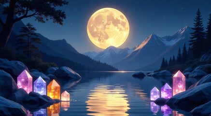 Wall Mural - Celestial moonlight illuminating crystal formations by a tranquil lake under a starry night sky
