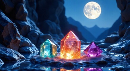 Wall Mural - Crystals illuminated by moonlight in a serene mountain valley, creating a mystical atmosphere for meditation and spiritual reflection