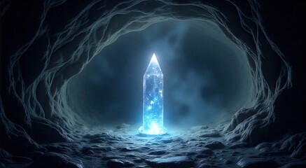 Wall Mural - Discovering inner peace through the brilliance of a luminous crystal in an ethereal cave of serenity at twilight