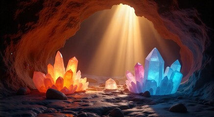 Wall Mural - Exploring a radiant cavern filled with vibrant crystals illuminating the way to inner peace and spiritual awakening