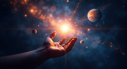 Wall Mural - Exploring celestial energies through the open hand of spirituality amid a cosmic backdrop and starry sky