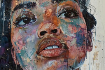 Poster - Vibrant mural depicting a woman's face with intricate details and colorful paint splashes on a textured wall