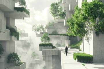 Sticker - Futuristic city, integrated nature, person walks.