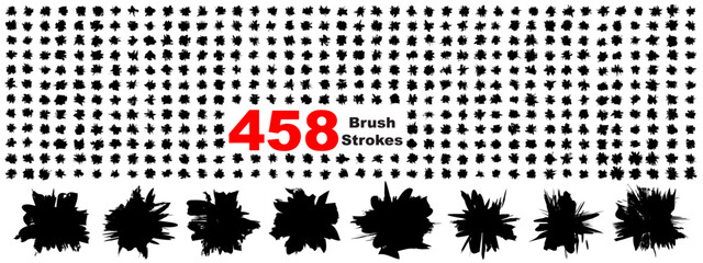 Wall Mural - Very large collection or set of 458 artistic black paint hand made creative brush strokes isolated on white background, metaphor to art, grunge or grungy, graffiti, education abstract vector design