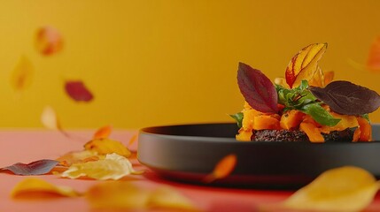 Wall Mural -   A close-up photo of food on a table with green leaves and a yellow wall behind it