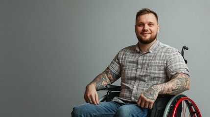 Wall Mural - A man in a wheelchair smile copy space with tattoos on his arms sits on a gray studio background the concept of health is a person with disabilities