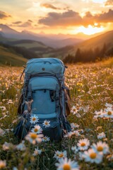 Wall Mural - Backpack standing in wildflower field at sunset during hiking trip