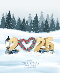 Poster - Merry Christmas and Happy New Year Holiday background with gift boxes, Christmas wreath and blue glitter 2025 numbers. Vector.