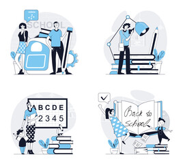 Leinwandbilder - Back to school concept set in flat design for web. Collection with people studying at university or school classes, reading books, doing homework, pupils learning with teacher. Vector illustrations.