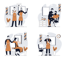 Poster - Barbershop concept set in flat design for web. Collection with people getting professional haircut and styling, hairdressers shaving beard and mustaches, doing care treatment. Vector illustrations.
