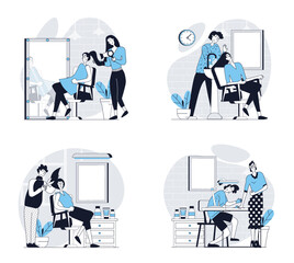 Poster - Beauty salon concept set in flat design for web. Collection with people getting professional styling, washing and drying hair, haircut, nail master doing manicure for client. Vector illustrations.