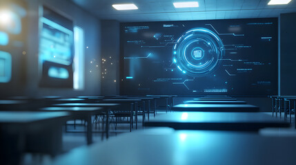 a sleek ai-powered education interface with holographic elements in a classroom.