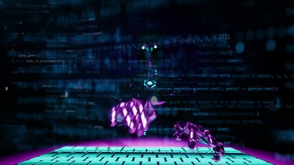 Wall Mural - coding robot 3d animation with many commands of software developing applicaiton of ai humanoid typin