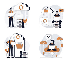 Poster - Cloud computing concept set in flat design for web. Collection with people using cloud technology, making sync and data backup, working with database and online files storage. Vector illustrations.