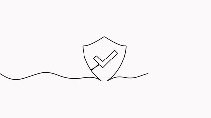 Wall Mural - Shield with checkmark continuous line art animation. Protect linear symbol. Guard badge hand drawing sign animated video.