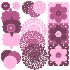 Wall Mural - Set collection with textile fabric patterns, buttons and objects scrapbook on white background vector illustration