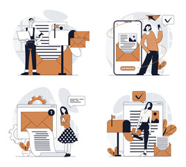 Leinwandbilder - Email service concept set in flat design for web. Collection with people connecting online by electronic letters, sending emails at phone app or laptop, receiving notifications. Vector illustrations.