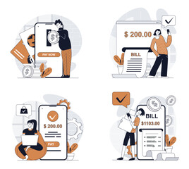 Fototapete - Online payment concept set in flat design for web. Collection with people getting bills and invoice, making financial transactions in mobile applications, paying by purchases. Vector illustrations.