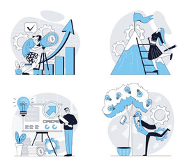 Poster - Searching for opportunities concept set in flat design for web. Collection with people brainstorming, finding career solution, creating success business strategy, achieving goal. Vector illustrations.
