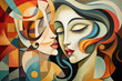 © hdesert - Colorful abstract cubist artwork of two intertwined faces, blending warm earthy tones with bold shapes and cool colors, evoking intimacy and fluid motion