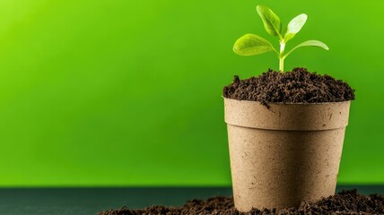 Wall Mural - Small plant seedling in brown pot with fresh green leaves against vibrant background