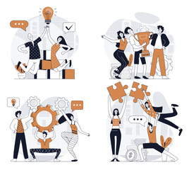 Poster - Teamwork concept set in flat design for web. Collection with people working together, developing project, solving problems, doing tasks in team, helping at supporting partners. Vector illustrations.