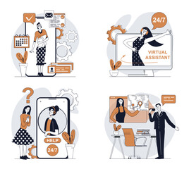 Leinwandbilder - Virtual assistant concept set in flat design for web. Collection with people using online operator help, chatting with artificial intelligence bots, talking and getting advices. Vector illustrations.