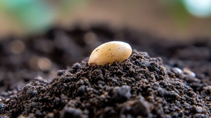 Wall Mural - Single seed resting on dark soil, ready for germination