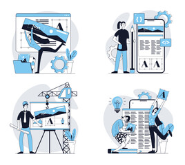 Fototapete - Web design concept set in flat design. Collection with people building wireframe layout with content filling, creating graphic elements for applications or sites interface. Vector illustrations.
