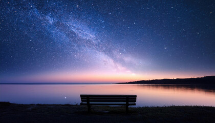 Wall Mural - A solitary bench sits silhouetted against a stunning night sky filled with the luminous Milky Way and its reflection on calm waters.