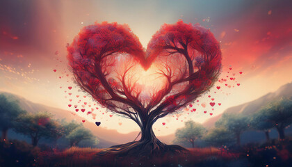 Wall Mural - A magical heart-shaped tree glows with red leaves and sparkles against a mystical twilight sky with a bright light emanating from its center.