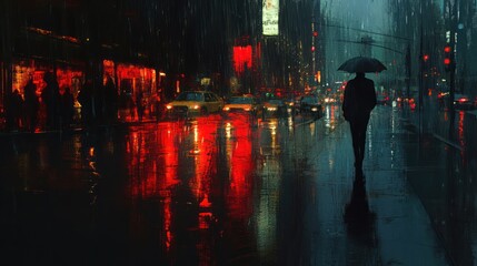 Wall Mural - Rainy city night, lone figure under umbrella.