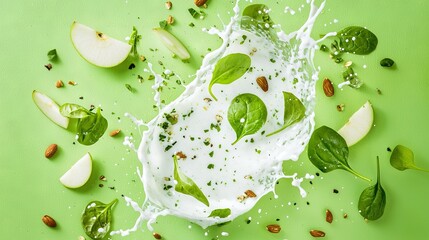 Wall Mural -   A bowl of yogurt topped with fresh spinach leaves and crunchy nuts, set on a serene green background with a gentle splash of milk
