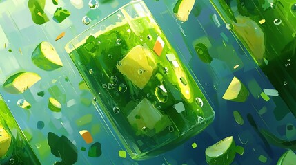 Wall Mural - a blue background with lemon slices and ice cubes in a glass of lemonade