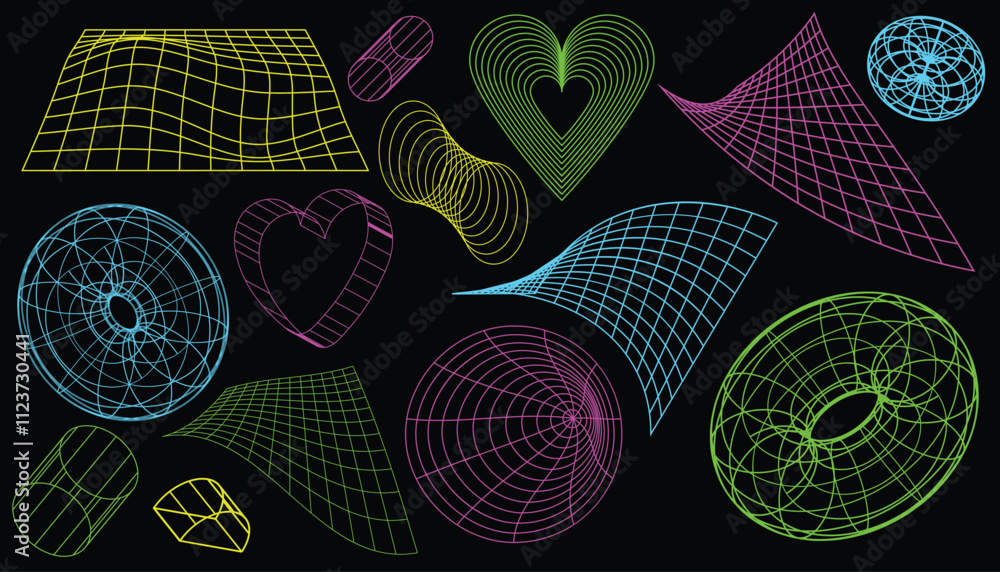 Geometric wireframe shapes and grids collection. Retro abstract neon ...