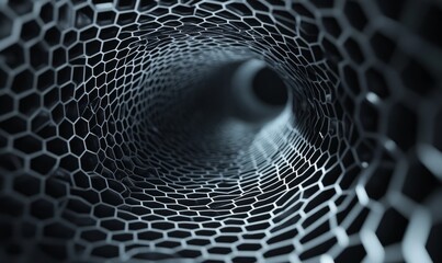 A conceptual technology tunnel constructed from hexagonal mesh is displayed against a black backdrop. Three-dimensional rendering.
