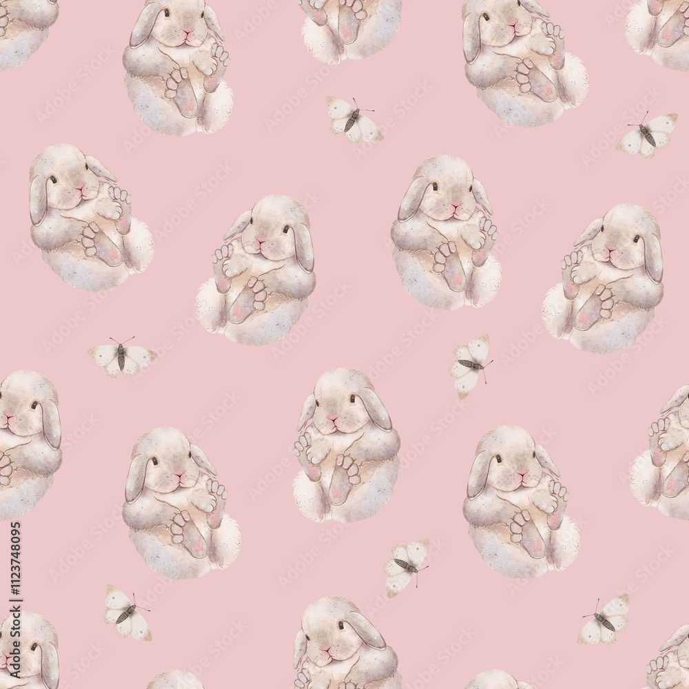 Common Fluffy Rabbit Patterns Chubby, fluffy rabbits, hares. Watercolor Seamless pattern on pink ...