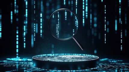 Magnifying glass on dark platform with blue digital rain.
