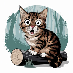  Surprised Tabby Kitten on Log in Forest